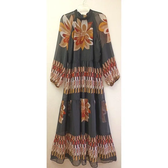 Maison Tara Black Floral Chiffon Tiered Maxi Dress Mock Neck Long Sleeve 16 Boho - Picture 2 of 9